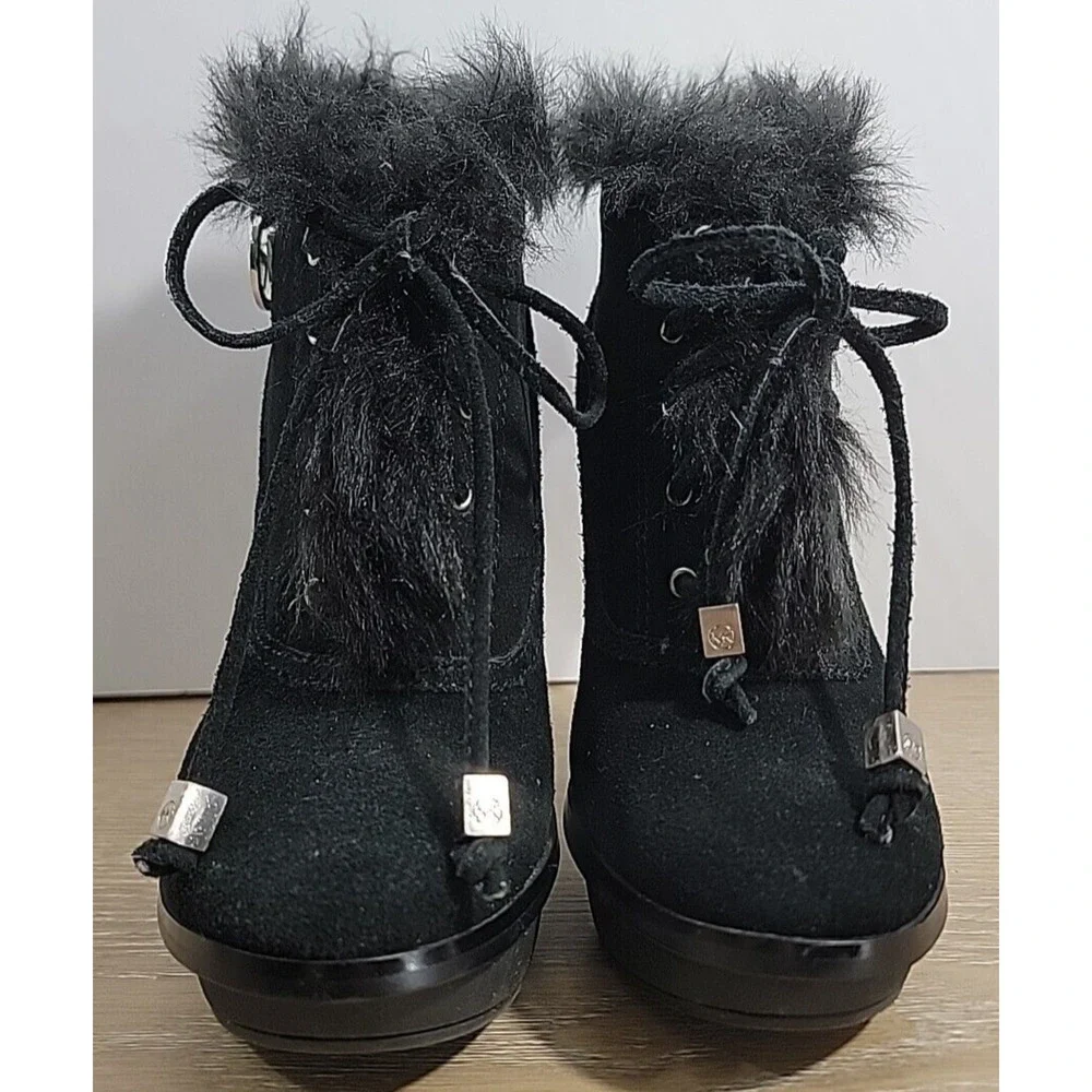 Michael Kors Boots Women's‎ 5M Carlie Fur Trim High Heels Ankle Lace Up Black